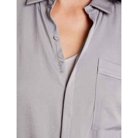 💕BAREFOOT DREAMS Washed Satin Piped Nightshirt Love Embroidery Dove Gray XL NWT - Picture 6 of 16